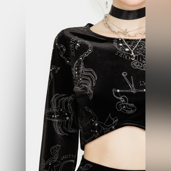 NWT Disturbia Zodiac Foil Print Flute Sleeve Crop Top US 4 / UK 8 - Picture 2 of 8